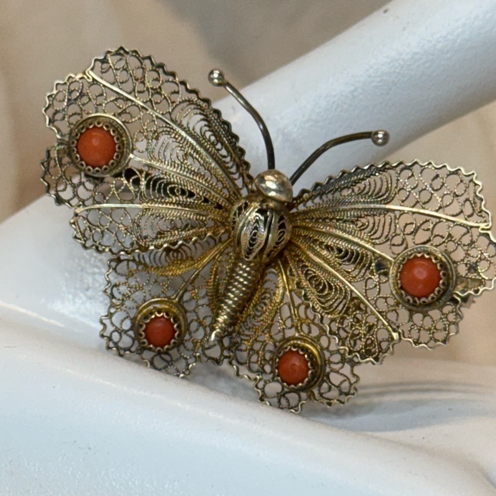 Antique Signed Sterling Silver 800 Filigree Butterfly Coral/Carnelian Brooch EUC - Picture 2 of 16